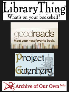 LibraryThing, GoodReads, Project Gutenberg, and Archive of Our Own Logos Stacked